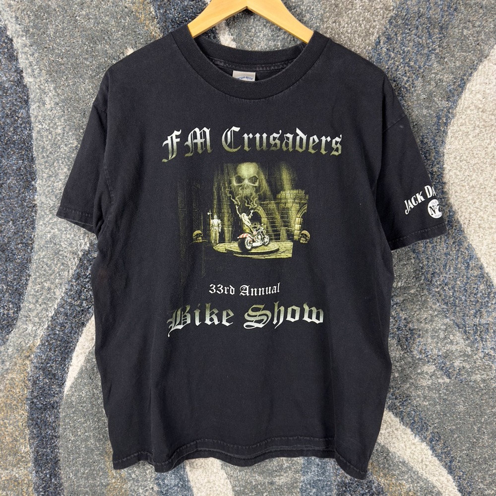 Y2K Tennessee River FM Crusaders Bike Show Mens L Black Biker Skull Graphic Tee